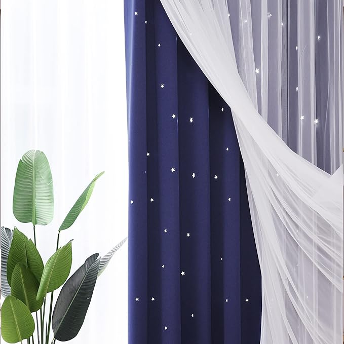 Kinryb Kids Star Cutout Curtains for Bedroom/Living Room/Classroom,2 Free Tiebacks Sheer Overlay 2 Panel Set, Double Layer Curtains for Kids Room(Each Piece W70 x L95 Inches 2 Pcs Navy Blue)