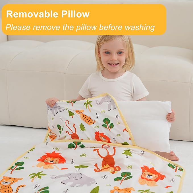 Viviland Toddler Nap Mat with Pillow and Minky Dot Blanket, Rolled Sleeping Mat/Slumber Bag for Girls Boys, Kids Nap Mat for Preschool, Daycare, Kindergarten, Travel Camping - Zoo Animal