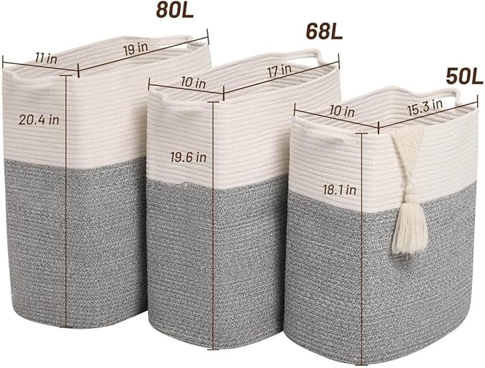 Tall Laundry Basket With Handles,Woven Cotton Rope Big Laundry Hamper Sorters,Versatile Storage for Dirty Clothes,Baby Toys,and Blankets in Bathroom, Nursery,and Living Room (Silver Gray, 80L)