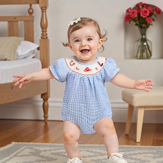 Baby Girl Smocked Western Romper Short Sleeve Bubble Rompers Summer Clothes Plaid Print Embroidery Bow Bodysuit Tops