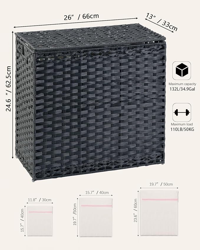 Laundry Hamper with Lid Laundry Basket 132 L (35 Gal) Wicker Clothes Hamper, Handwoven Rattan Hamper with Handles and 4 Removable Liner Bags, 6 Mesh Bags for Laundry Bedroom Black