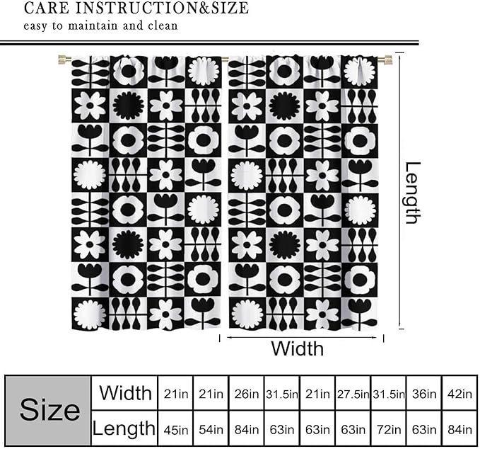 Mid Century Geometric Floral Curtains,Vintage 70s Window Treatments for Boys Girls Kids Bedroom Curtains,Boho Black and White Floral Curtains 63"" W X 63"" L, Style-10
