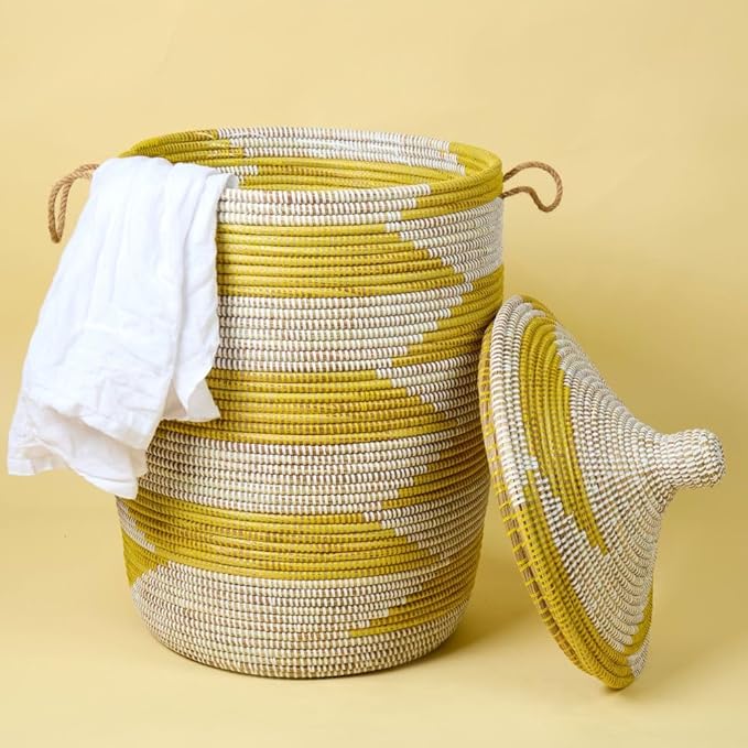 Tall Large Decorative Wicker Storage Basket with Lid, Laundry Hamper, Blanket Storage, Toys Bin, Clothes Holder, Boho Style (Yellow White)