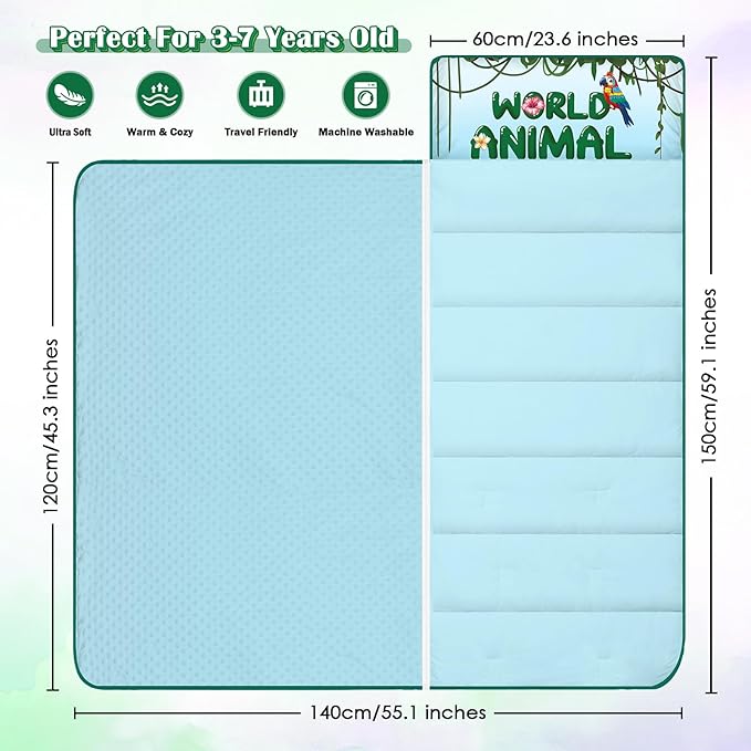 Toddler Nap Mat Kids Sleeping Bag 59"×24", Soft Slumber Bag with Removable Pillow and Blanket for Kids Girls Boys,Roll Up Sleeping Mat Thick for Camping,Daycare, Kindergarden