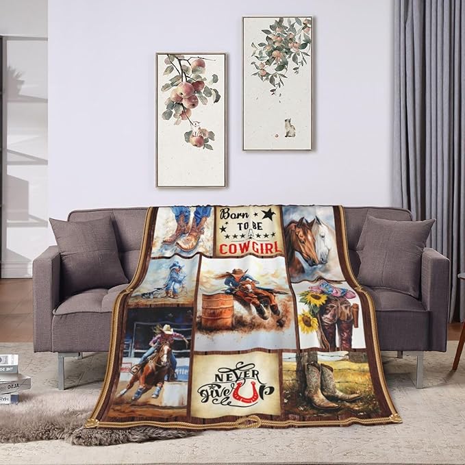 Cowgirl Racing Blanket Western Cowboy Throw Blanket Super Soft Flannel Lightweight Fluffy Plush Fuzzy Fleece Horse Blanket Gifts for Girls Woman Kids Prayer for Bed Sofa Bedding 40"X50"