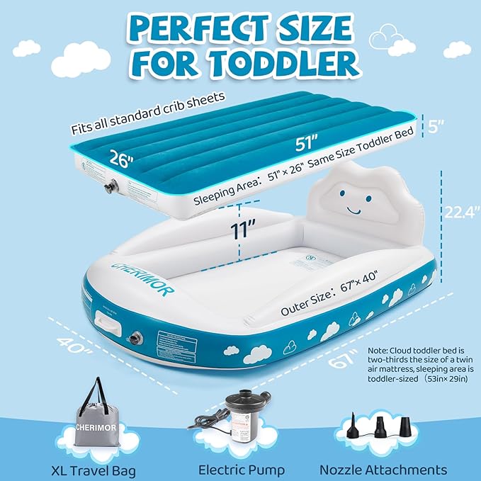 Inflatable Toddler Travel Bed, Portable Kids Air Mattress with 4-Sides Safety Bumpers & Electric Pump, Toddler Blow Up Mattress Bed for Travel Camping Grandma's Sleepovers, Gift for Kids