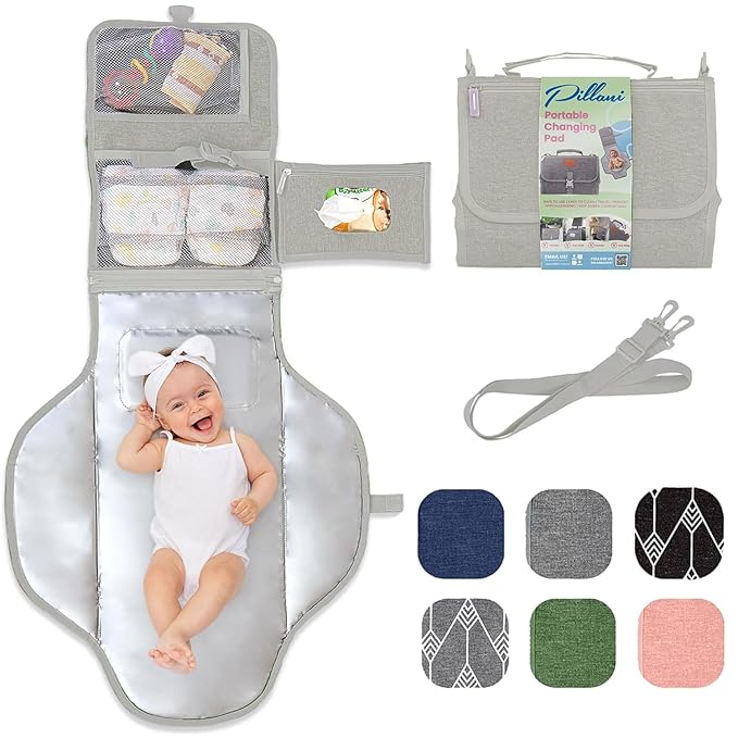 Portable Changing Pad for Baby, Travel Diaper Changing Pad for Newborn, Large Waterproof Baby Changing Mat, Foldable & Detachable Diaper Changing Station with Baby Wipes Pockets, Baby Stuff by Pillani