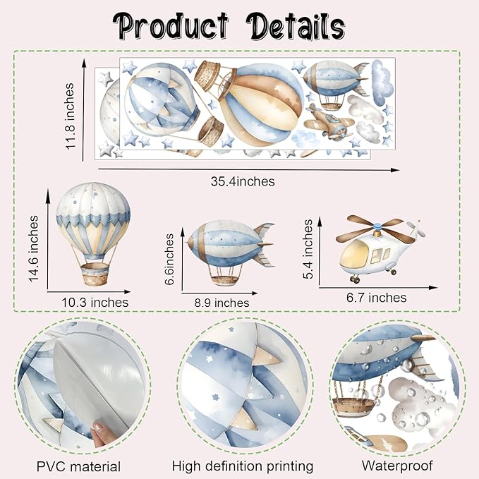 Watercolor Hot Air Balloon Wall Stickers, Hot Air Balloon Airplane Clouds Vinyl Wall Decals, Removable DIY Wall Art for Kids Bedroom Playroom Toddler Room Decor