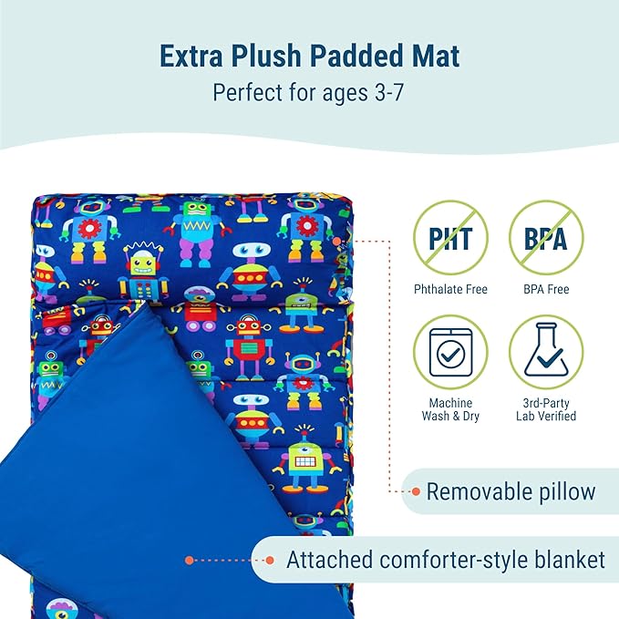 Wildkin Kids Original Nap Mat – Cozy Kids Sleep Mat with Pillow, Ideal for School & Travel - Robots