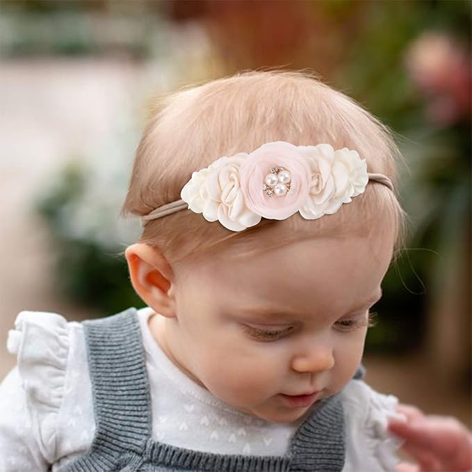 cherrboll 3pcs Baby Girl Headbands Flowers, Super Soft & Stretchy Nylon Floral Hairbands for Newborn Toddler