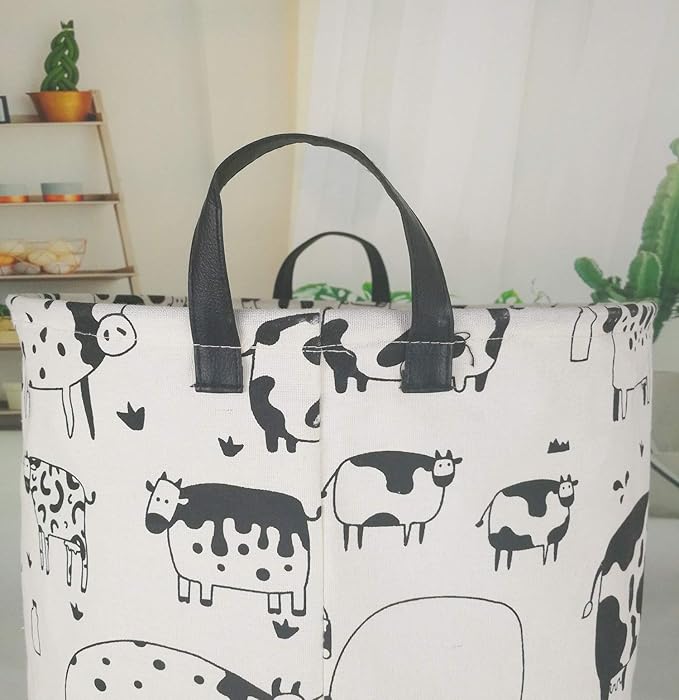 KUNRO Round Laundry Basket Hamper Kids Toys and Clothes Storage Basket Children Gift Basket Baby Toy Organizer Bins for Room Decor (Cow)