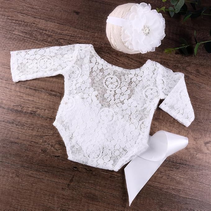 Newborn Girl Photography Outfits, Backless Lace Romper with Flower Headband Photo Props, Baby Girl Photoshoot Outfits