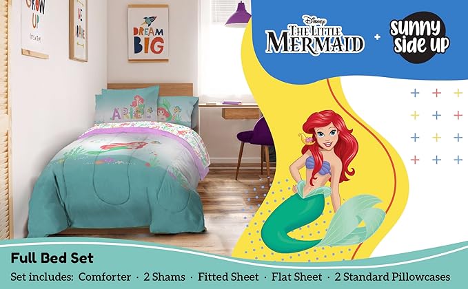 Sunny Side Up Disney The Little Mermaid Full Comforter Set - 7 Piece Kids Bedding Includes Comforter, Sheets & Pillow Cover - Super Soft Ariel Microfiber Bed Set
