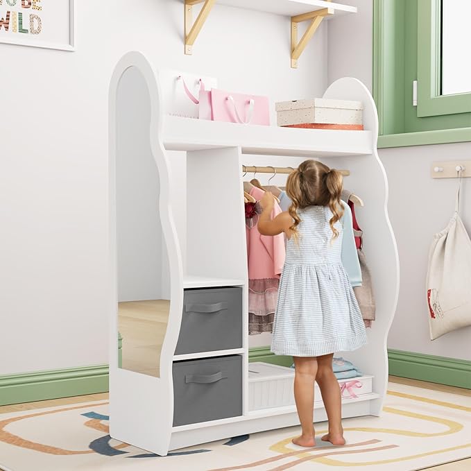 Kids Dress Up Storage Rack Mirror Wood Child Wardrobe 2 Hooks 2 Fabric Bins Toddler Closet Girls Boys Open Hanging Armoire Storage Shelf Coat Costume Hat Shoe (Cloud+White+Two Drawers)