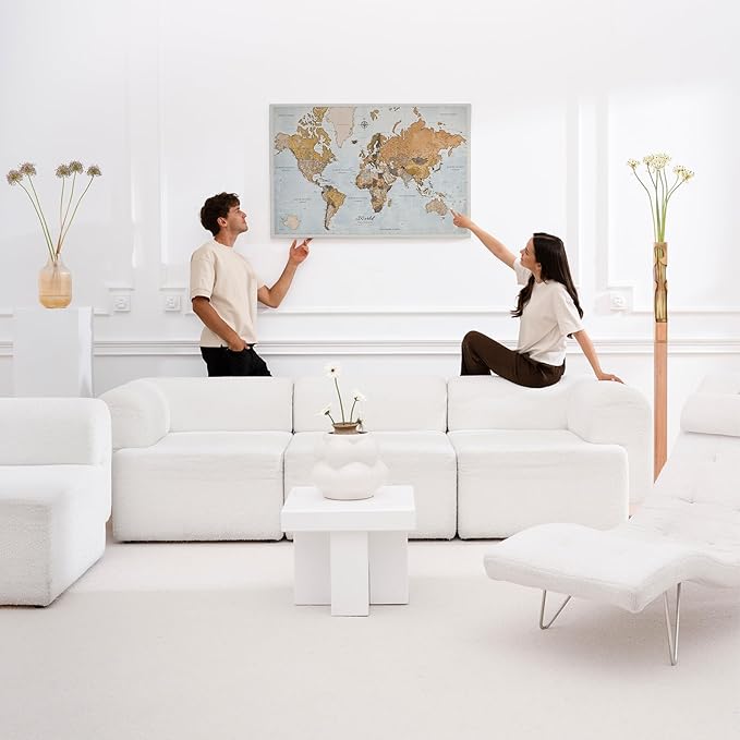 Canvas World Map with Cork Pin Board - English Lettering - Decorative Wall Decoration for All Rooms - Canvas Pictures with World Map Motif (70x50 cm, Pattern 14)