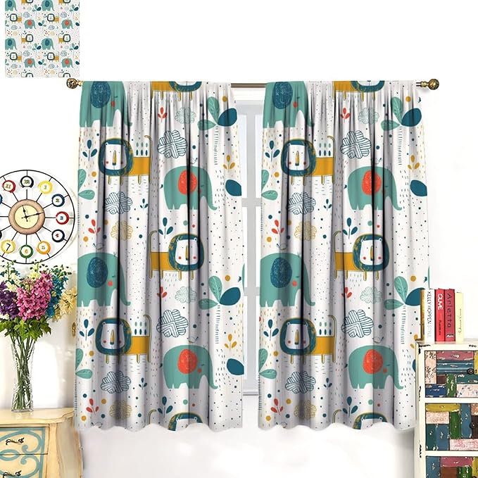Cute Lions Blackout Curtains for Kids Bedroom,Cartoon Tropical Plants Birds Elephants Print Pattern Window Drapes,Funny Animal Thermal Insulation Curtain for Nursery Baby Room 63x72in