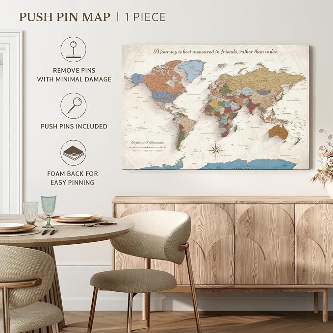 ElephantStock - Personalized Journey V Push Pin World Map Wall Art - Horizontal Canvas Wall Art - Living Room Wall Decor - Digital Art Map Canvas Art - Beige And Orange Decor - 45" x 30"