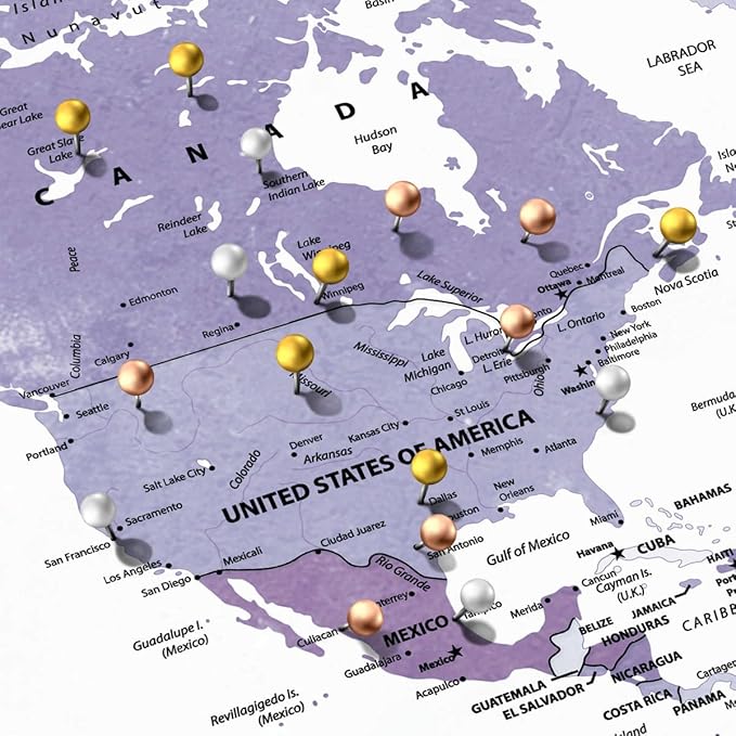 ElephantStock - Beautiful Places II Push Pin World Map Wall Art - Horizontal Canvas Wall Art - Living Room Wall Decor - Digital Art Map Canvas Art - White And Black Decor - 39" x 26"