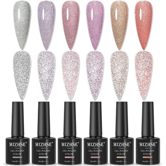 MIZHSE Glitter Gel Nail Polish, 2 In 1 Reflective & Rubber Base Gel Polish 10ml, Sparkly Shimmery Effect Nude Pink Silve Purple Colors Soak Off Nail Art Manicure Home Salon Gift for Women