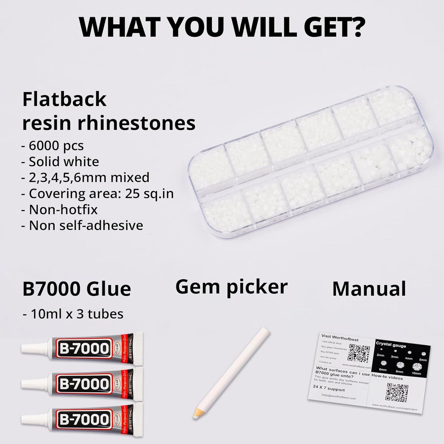 6000Pcs Solid White Rhinestones for Crafting Bedazzling with b7000 Glue, Bling Resin Flatback Crystals Diamonds for Crafts Clothing Tumblers Shoes Fabric Canvas, Flat Back Gems Mix 2-6mm