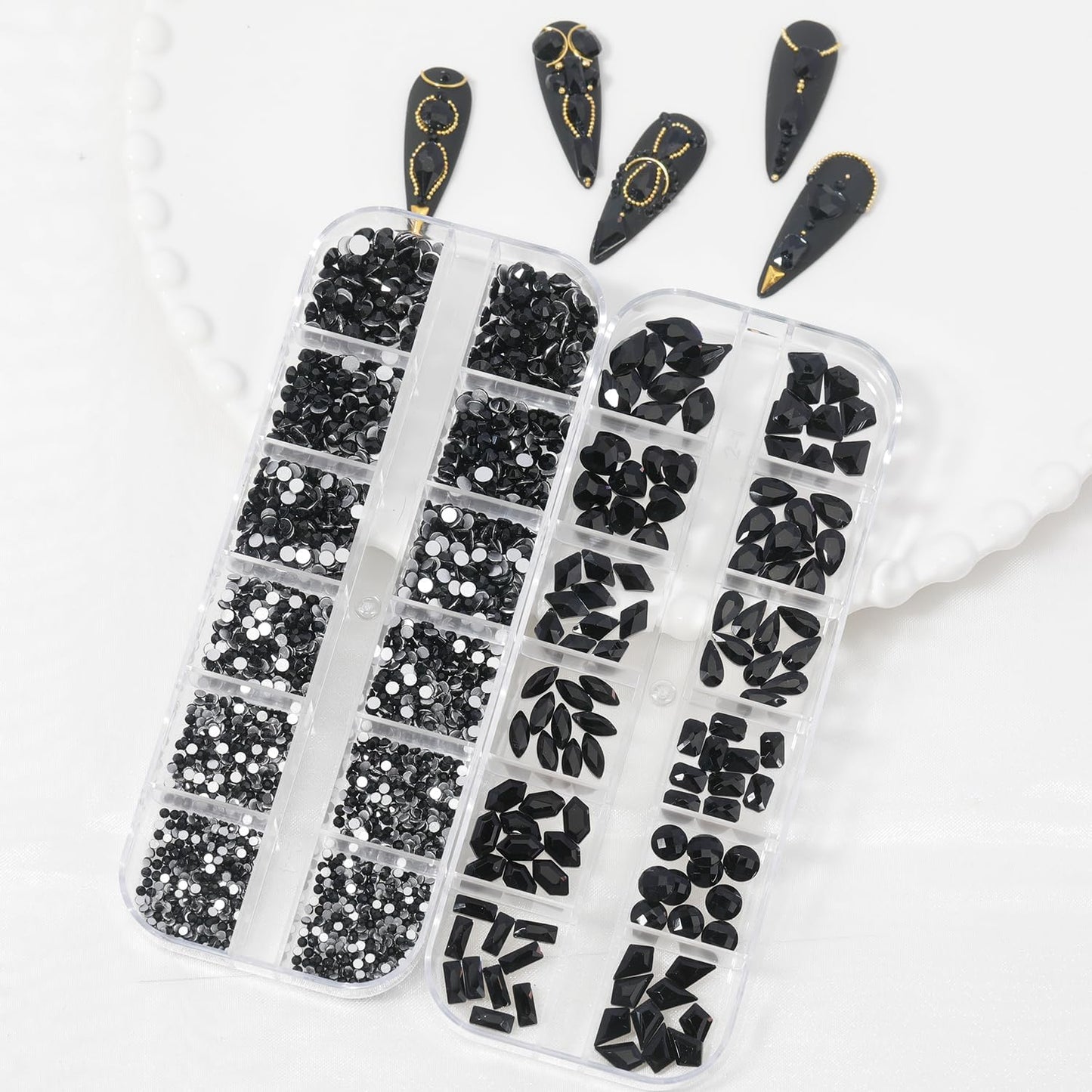Nail Rhinestones - 3D Multi Shape Size, Flat Back, Manicure Rhinestones Charms, Crystal Black Gems, with Kit, for Nail Art, Bedazzling Acrylic Nails, DIY Decor
