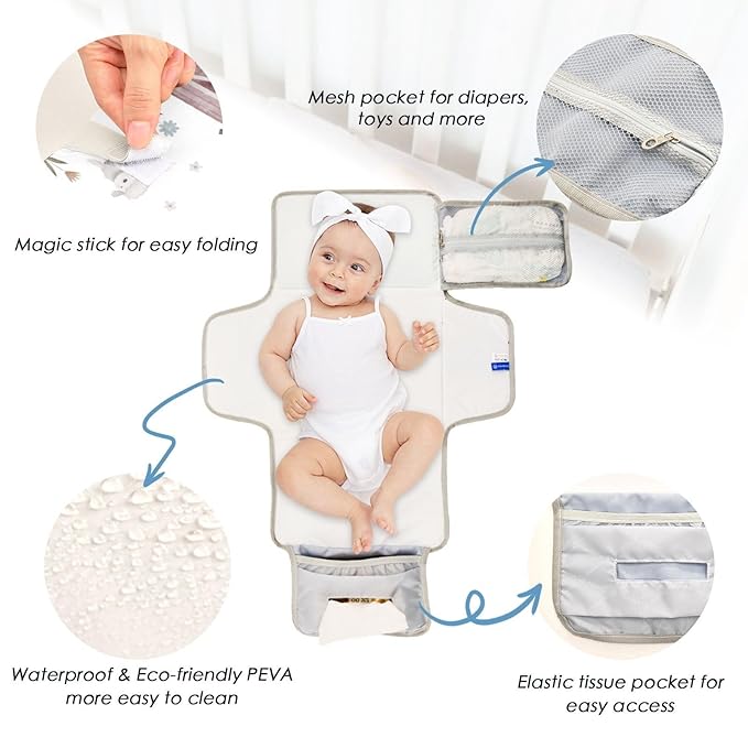 Portable Changing Pad for Baby - Cute Farm Animals Waterproof Diaper Changing Mat Travel Changing Pad with Built-in Pillow - Shower Gift for Baby