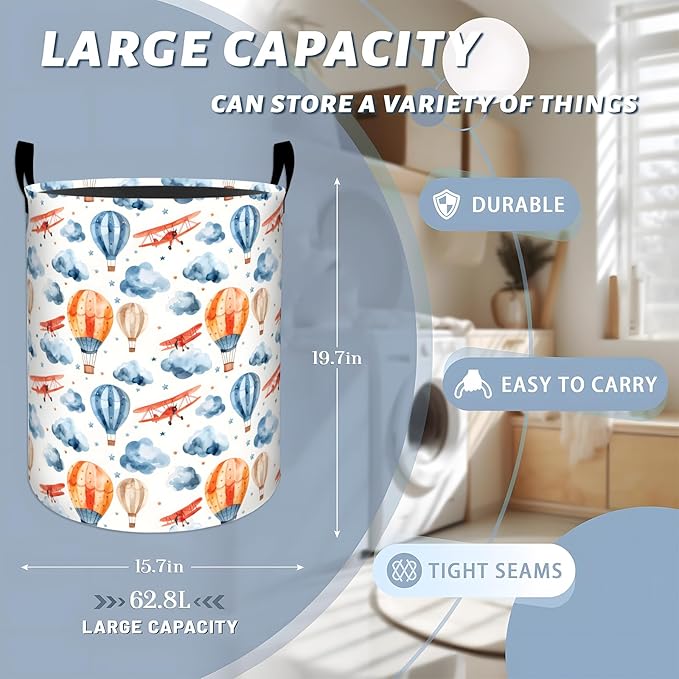 Whimsical Hot Air Balloon Laundry Basket with Handles, 19.7"x15.7" Clothes Foldable Airplane Cloud Scene Laundry Hamper Organizer for Dorm Nursery Bedroom Bathroom Decor, Toy Storage Bin for Kids
