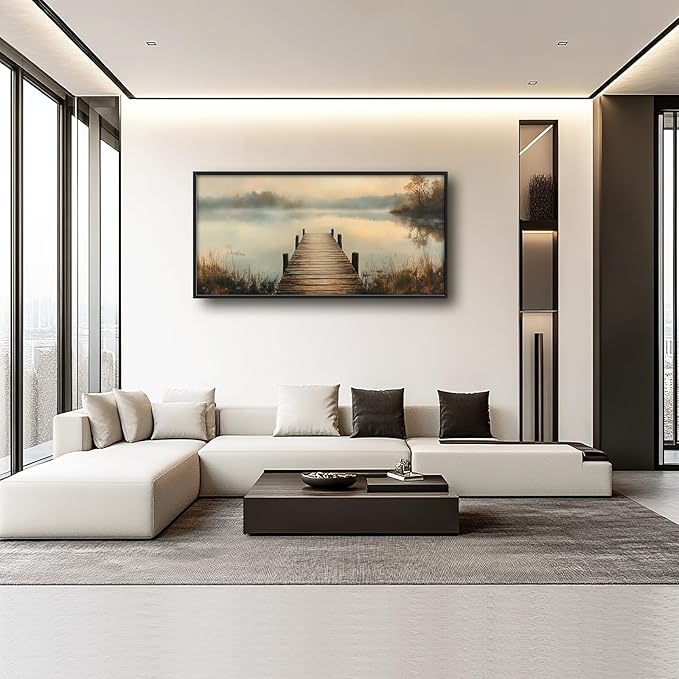 Olivine Large Wall Art, Retro Lake Pictures Wall Decor, Pier Painting, Nature Landscape Canvas Prints, Framed Artwork for Bathroom Bedroom Living Room Office Home Decoration 60"x30"