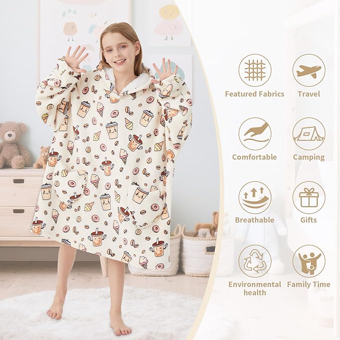 Fiosnow Doughnut Blanket Hoodies for Kids 6-13YR Oversize Wearable Blanket Hoodies for Boys Girls Teens