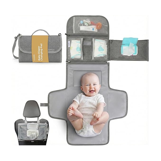 Portable Diaper Changing Pad - Waterproof Travel Diaper Clutch with Wipes Pocket & Storage - Foldable Wipeable Changing Mat for Baby - Newborn Shower Gift - Grey