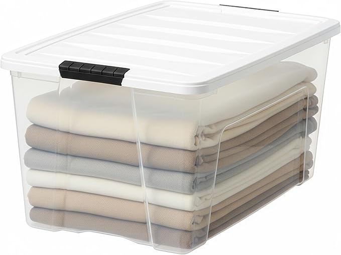 IRIS USA 72 Qt Stackable Plastic Storage Bins with Lids, 4 Pack - BPA-Free, Made in USA - See-Through Organizing Solution, Latches, Durable Nestable Containers, Secure Pull Handle - Clear/White