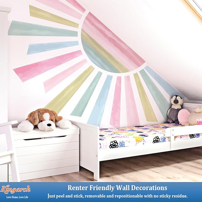 Large Boho Half Sun Wall Decals, Sunshine Peel and Stick Fabric Nursery Wall Decor, Removable Home Room Decor Murals Stickers for Kids Girls Toddler Bedroom Living Room Playroom