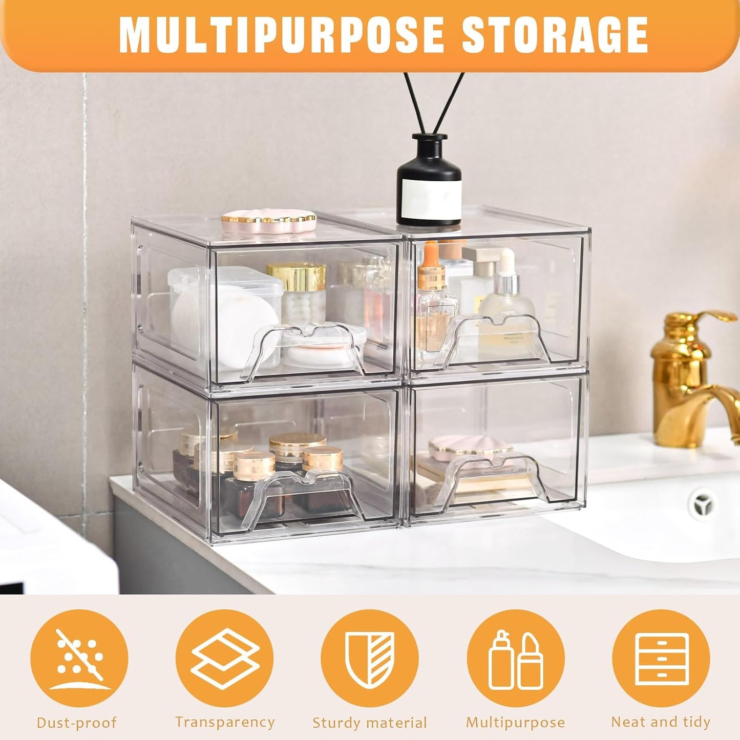 6 Pack Stackable Makeup Organizer, 4.4'' Tall Acrylic Bathroom Makeup Organizer and Storage Drawer with Pull-out Handle, Clear Plastic Storage Bins for Vanity,Pantry,Desk,Undersink,Kitchen