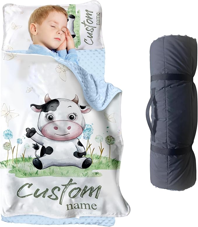 Personalized Toddler Nap Mats for Preschool, Custom Name Kids Sleeping Bag for Daycare, Roll Up Sleeping Mat with Removable Pillow and Soft Dot Minky Blanke for Boys Camping Travel