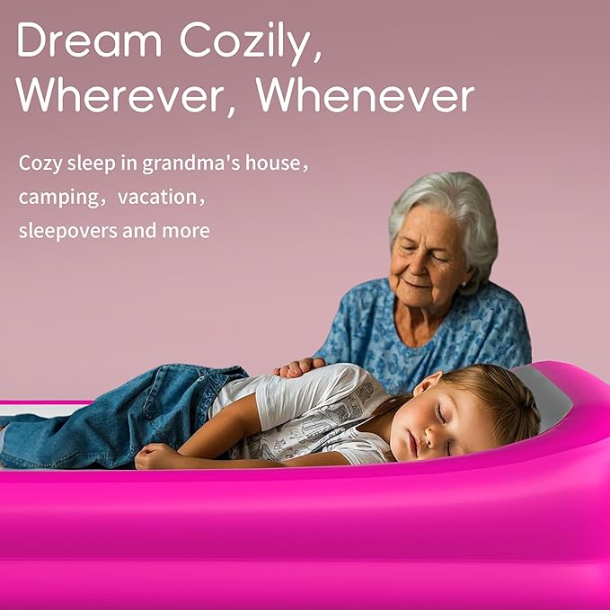 Inflatable Toddler Travel Bed, Portable Kids Air Mattress with Soft Bed Sheet, Toddler Air Mattress with Surround Safety Bumpers, Ideal for Home Use or Travel, Includes Pump and Carry Bag,Pink