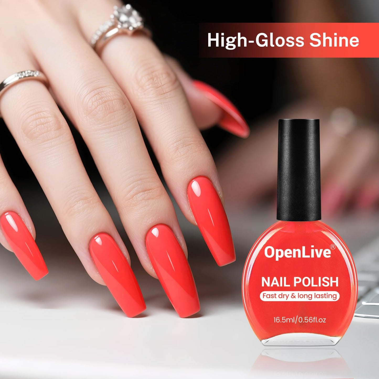 16.5ml Neon Red Nail Polish Glossy Shine Finish Large Volume Quick Dry Nail Polish, Long Lasting Shine, Fingernail Toenail Nail Art DIY Home Travel Nail Art Gift