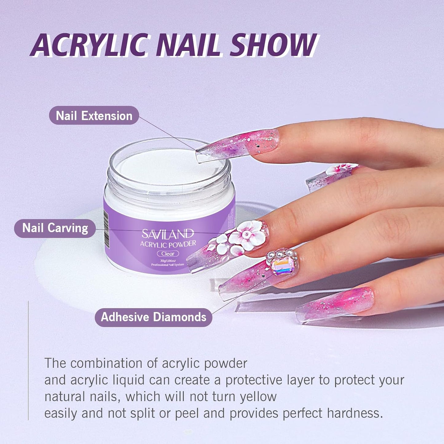 SAVILAND Acrylic Nail Kit Starter Set: Clear Acrylic Powder and Liquid Set With Brush, Forms, Tools for Extension, DIY Home Salon Application - Nail Kit for Beginners with Everything
