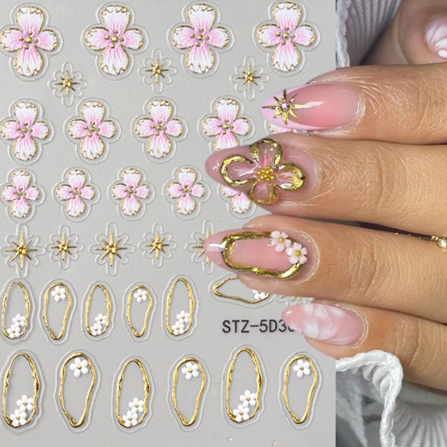 4 Sheets Flower Nail Stickers for Nail Art 5D Self Adhesive Spring Nail Art Stickers White Pink Flower Nail Decals Spring Nail Supplies Design for DIY Acrylic Nails for Women Girls