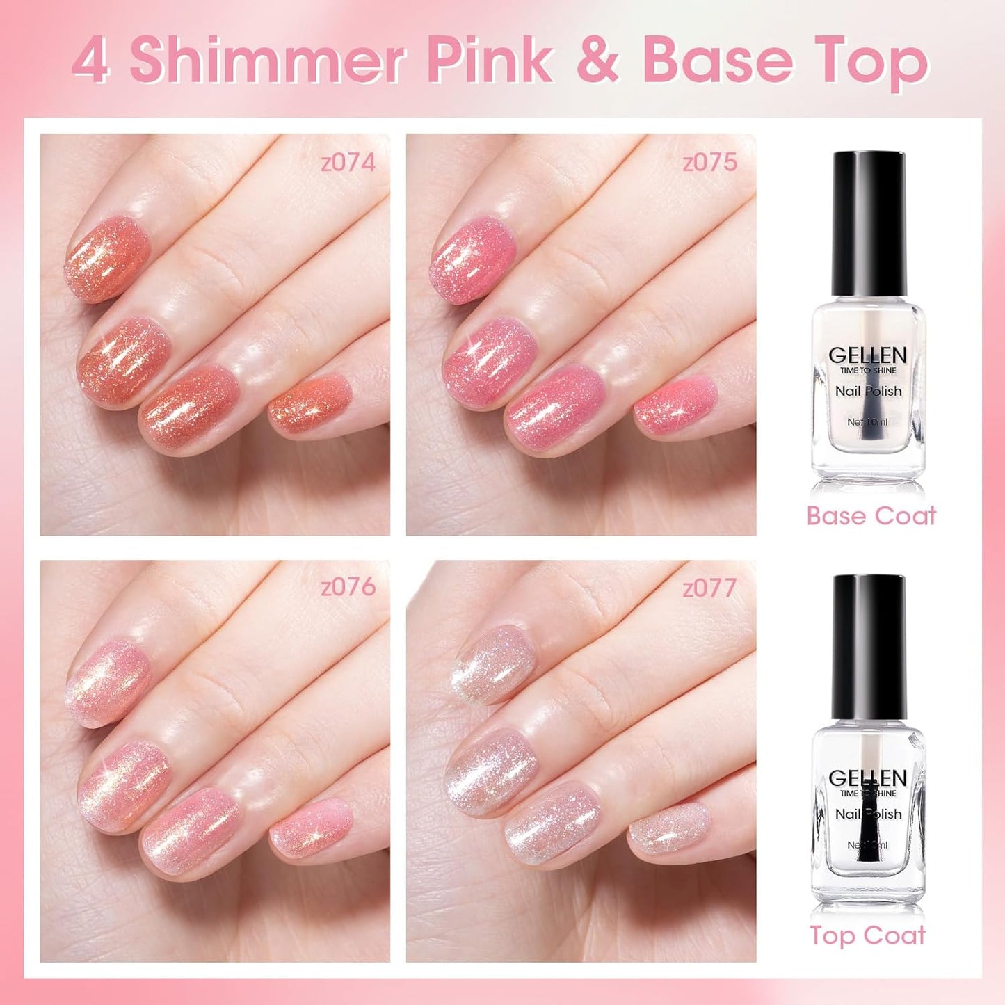 GELLEN Sheer Shimmer Pink Nail Polish & Clear Base Top Coat Nail Polish, Light Pink Shimmer Nail Polishes Summer Spring Translucent 6pcs Set, Quick Dry Regular Nail Polishes Non UV Gel, Hema Free