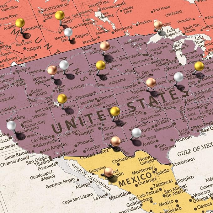 ElephantStock - Personalized World Awaits II Push Pin World Map Wall Art - Horizontal Canvas Wall Art - Living Room Wall Decor - Digital Art Map Canvas Art - Green And Beige Decor - 36" x 24"