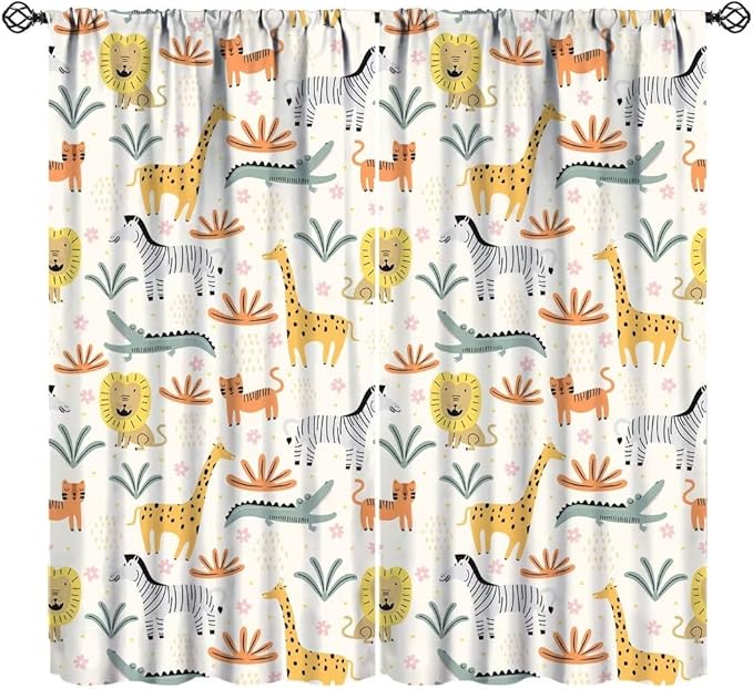 Wild Animals Curtains, Cute Cartoon Animals Zoo with Lion Zebra Crocodile Cat and Giraffe Tropical Jungle Plant Print Window Treatments for Kids Boys Girls Bedroom Living Room 55x63in