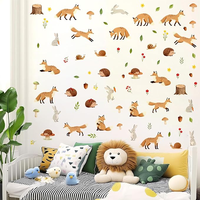 Woodland Animal Wall Stickers Cute Animals Wall Decals Peel and Stick Catroon Animal Decal Funny Fox Hedgehog Rabbit Stickers Forest Woodland Decals for Kids Room Bedroom Nursery Decor