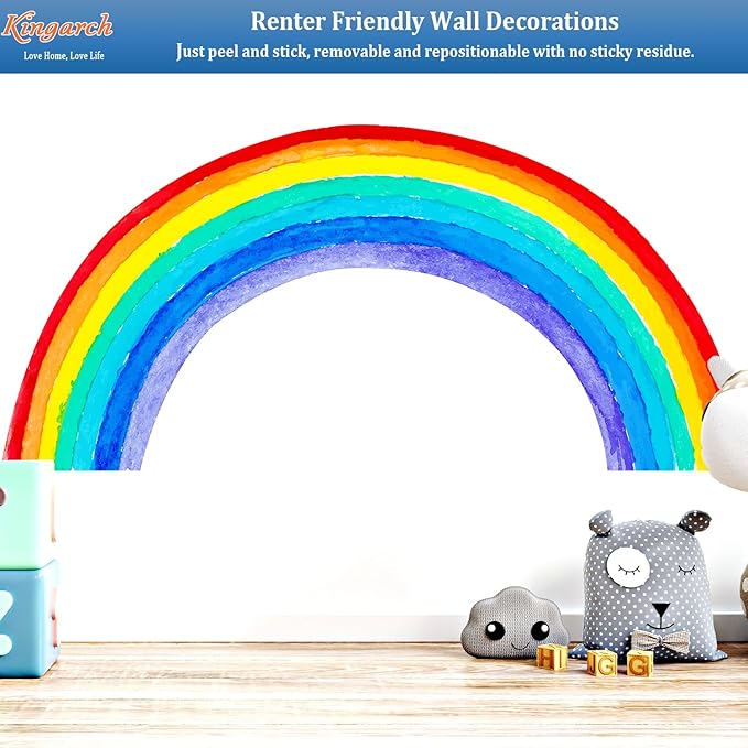 Large Watercolor Rainbow Wall Decals, Colorful Peel and Stick Vinyl Nursery Wall Decor, Removable Home Room Wall Decor Murals Stickers for Kids Girls Toddler Bedroom Living Room Playroom