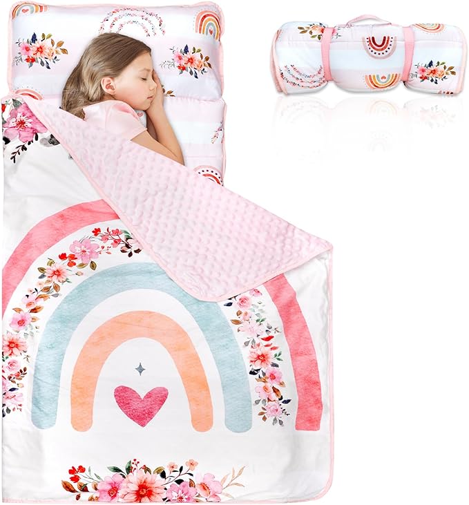 Toddler Nap Mat with Removable Pillow and Soft Dot Minky Blanket Pea Pod Kids Rainbow Floral Napping Mats Extra Large Rolled Slumber Bags for Girls Preschool, Daycare, 22.9 x 51.2inches Ages 3-7 Years