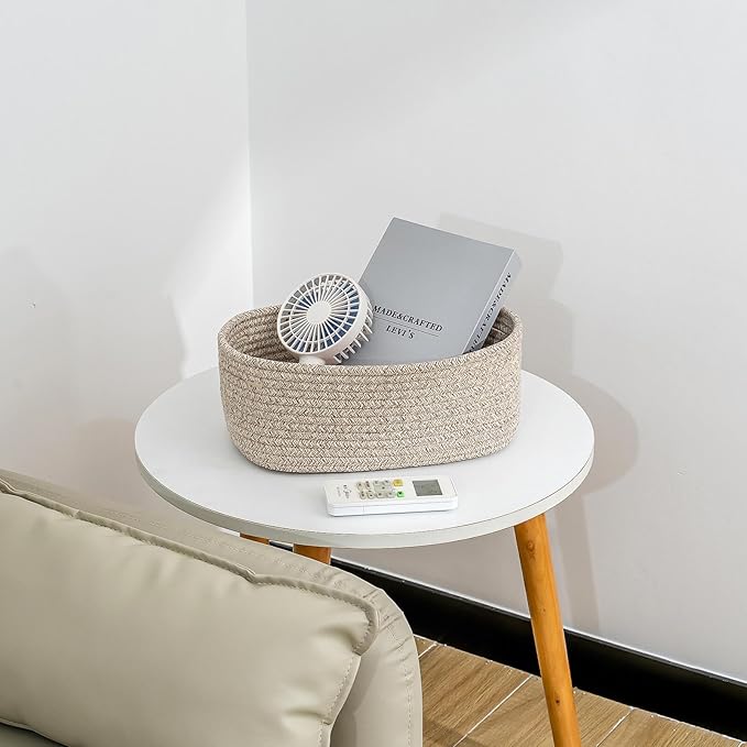 CubesLand Rectangle Organization/Storage Basket, Natural Cotton Rope Woven Baskets for Organizing, Small Basket for Kids, Baby Nursery, Cat Dog Toy Baskets, Organizer Bins for Shelves 3Pc Light Brown