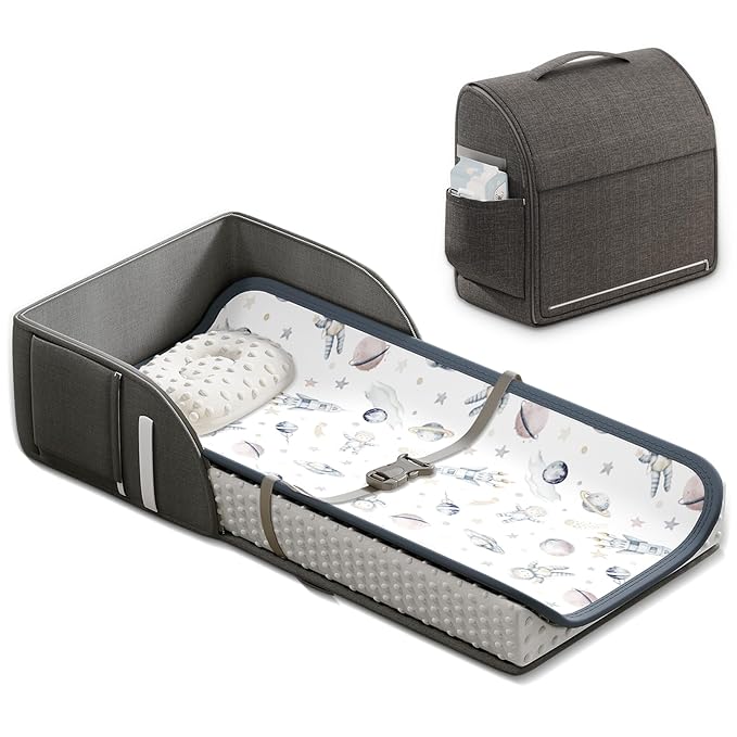 Portable Baby Diaper Changing Pad Foam Contoured Changing Table Pad with Soft Non-Slip Cover and Headrest Waterproof Diaper Bag for Dresser, Changing Table Topper Travel Outdoor