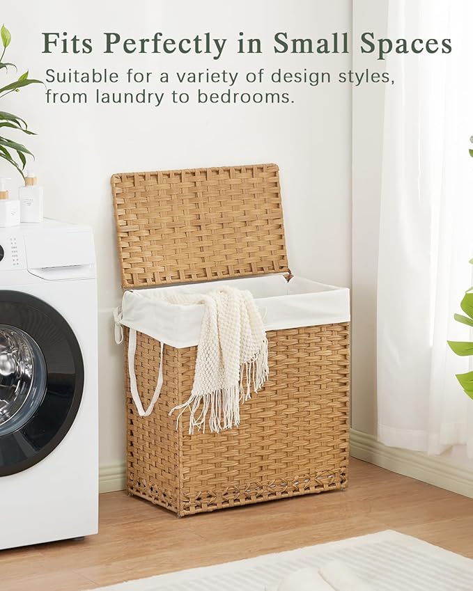 Laundry Hamper with Lid Wicker Laundry Basket 112 L (29.6 Gal) Laundry Hampers Handwoven Rattan Clothes Hamper with Handles 3 Removable Liner Bag, 6 Mesh Bags for Bathroom Bedroom Natural