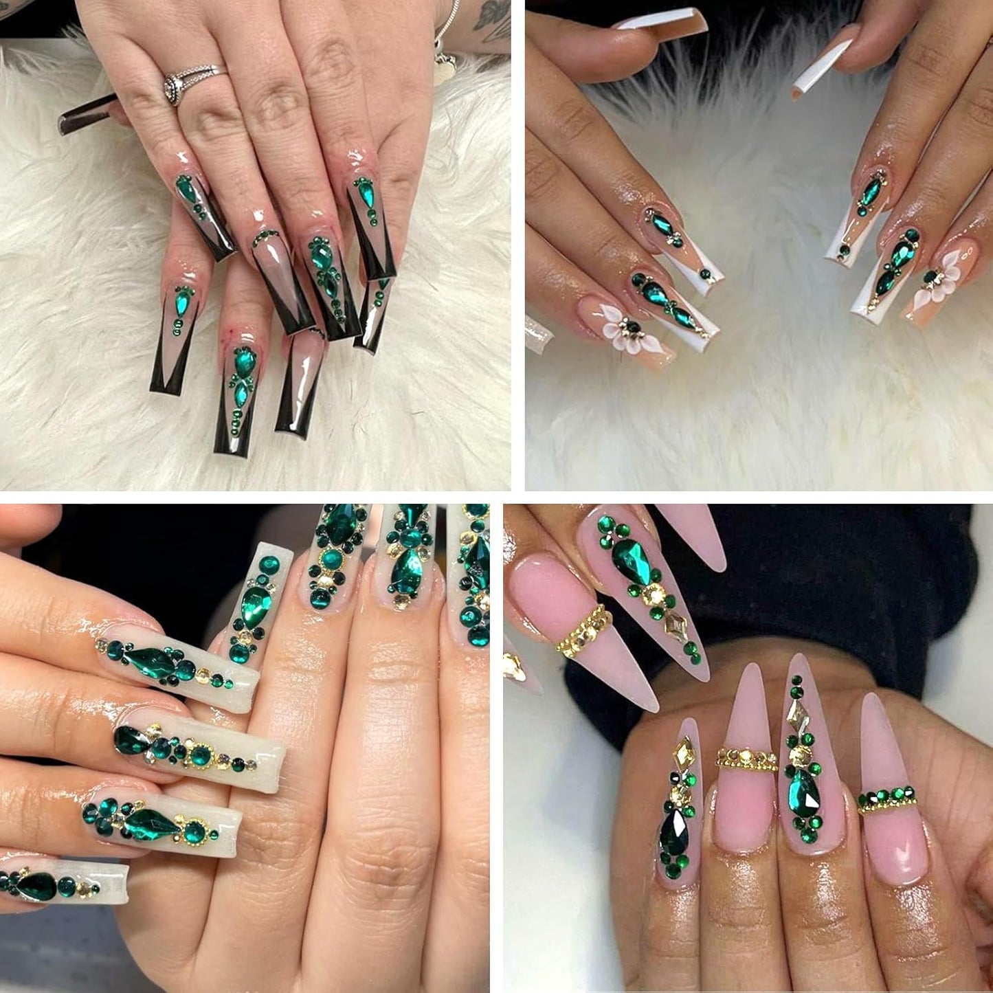 Nail Rhinestones - 3D Multi Shape Size, Flat Back, Crystals Manicure Rhinestones Charms, Green Nail Gems, with Kit, for Nail Art, Bedazzling Acrylic Nails, DIY Decor