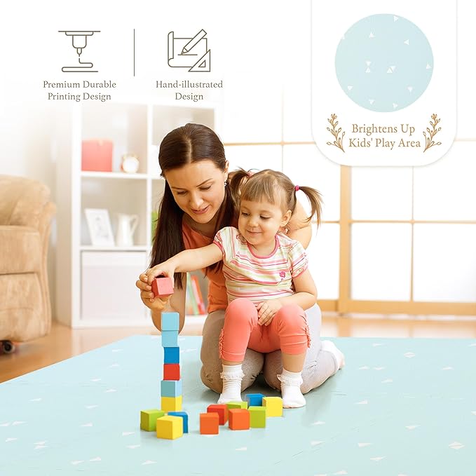PopsyKosy Premium Baby Floor Play Mat - Thick & Cushioned 0.5 inch Playroom Foam Mat, Non-Toxic Odorless - 6 Tiles - Spacious 6x4 ft. - Stylish & Large, Waterproof for Kids & Toddlers - Triangle Blue
