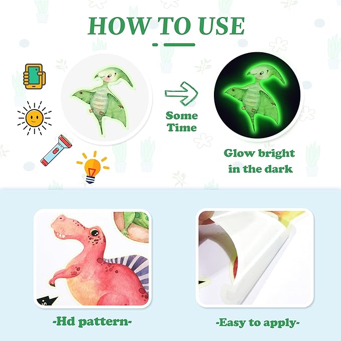 Glow in The Dark Dinosaur Wall Decals, Glowing Stickers for Ceiling, Boys Bedroom Decoration, Large Luminous Removable Dinosaur Wall Decor for Nursery, Kids Birthday Gift